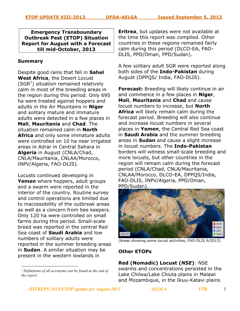 Emergency Transboundary Outbreak Pest (ETOP) Situation Report For