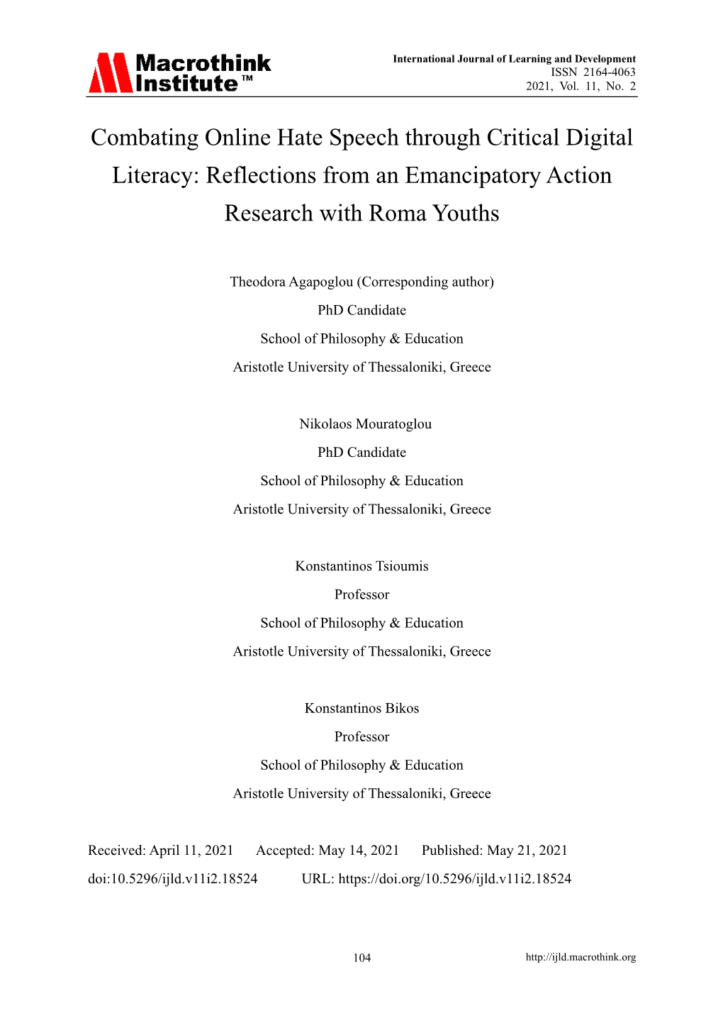 Combating Online Hate Speech Through Critical Digital Literacy: Reflections from an Emancipatory Action Research with Roma Youths