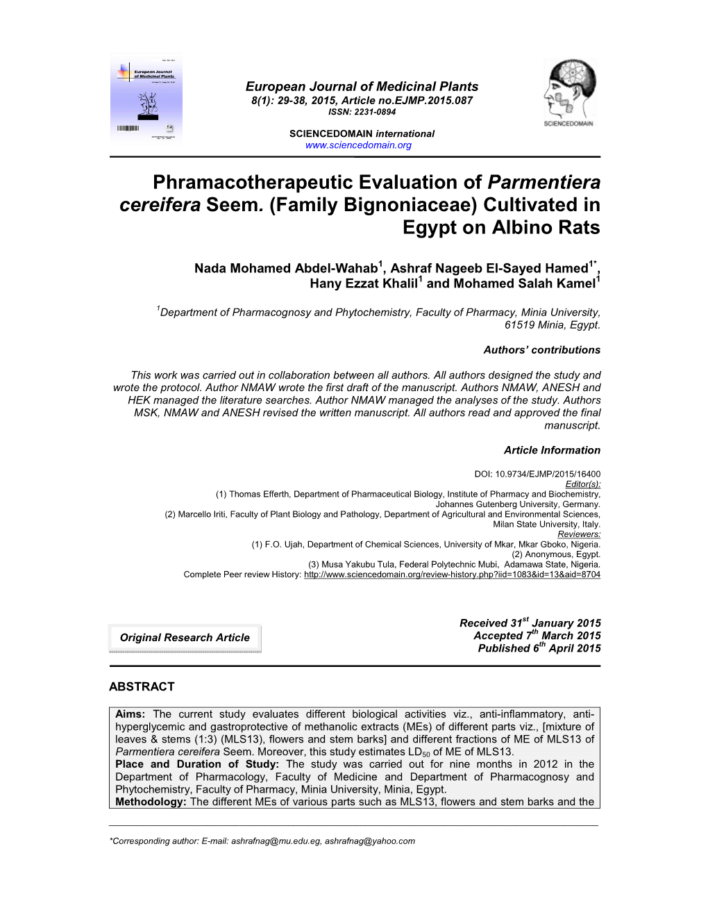 Phramacotherapeutic Evaluation of Parmentiera Cereifera Seem. (Family Bignoniaceae) Cultivated in Egypt on Albino Rats