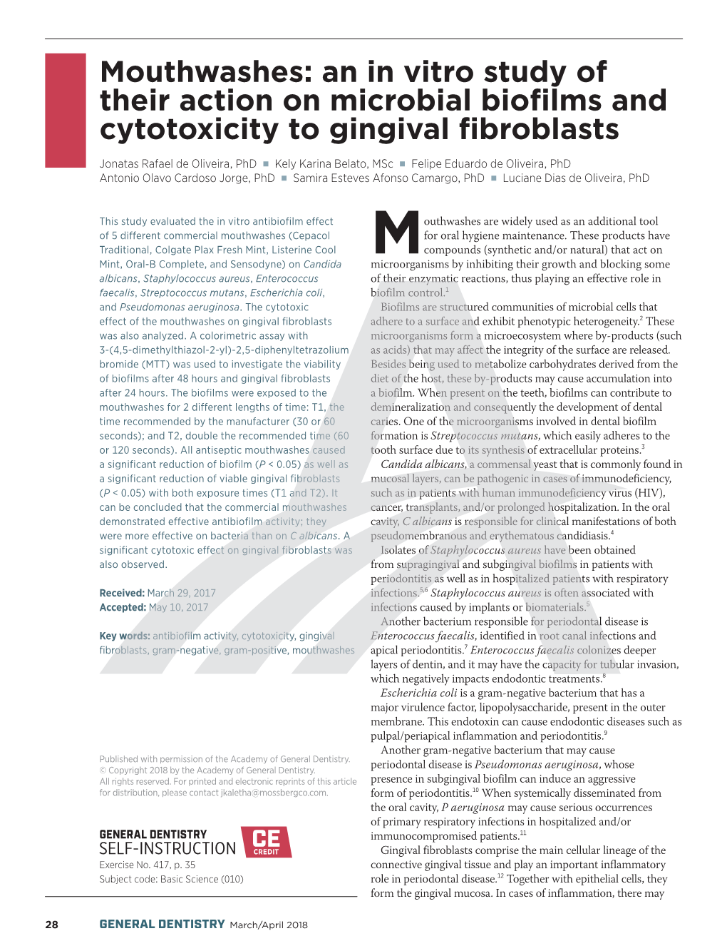 Mouthwashes: an in Vitro Study of Their Action on Microbial Biofilms and Cytotoxicity to Gingival Fibroblasts