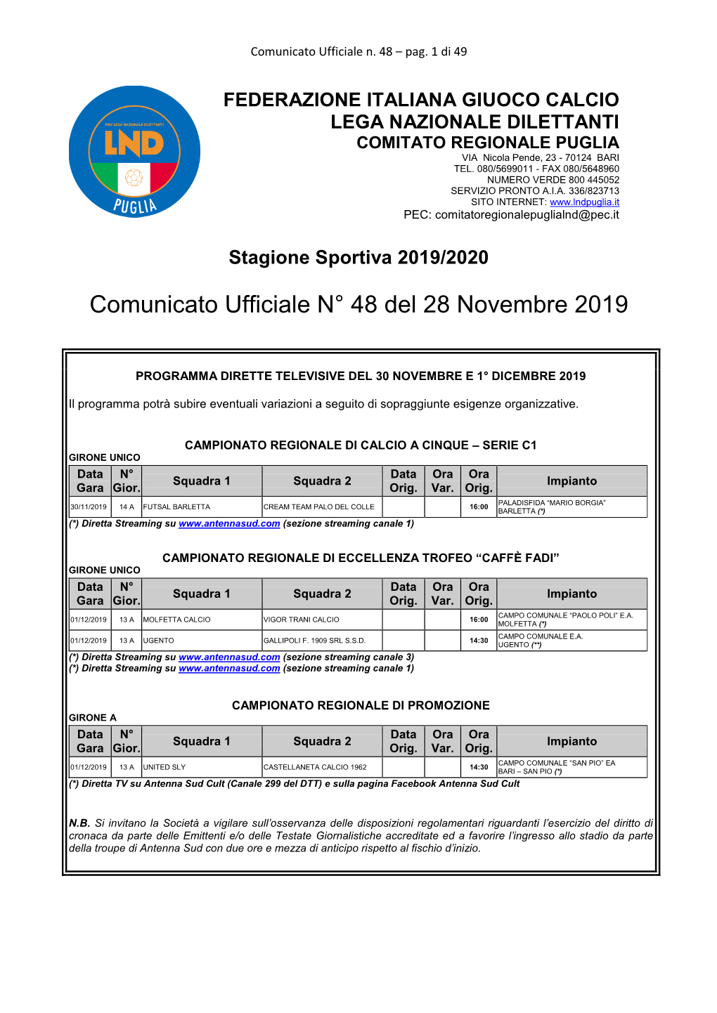 Comunicato Ufficiale N° 48 Del 28 Novembre 2019