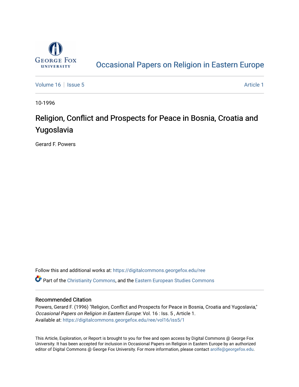 Religion, Conflict and Prospects for Peace in Bosnia, Croatia and Yugoslavia