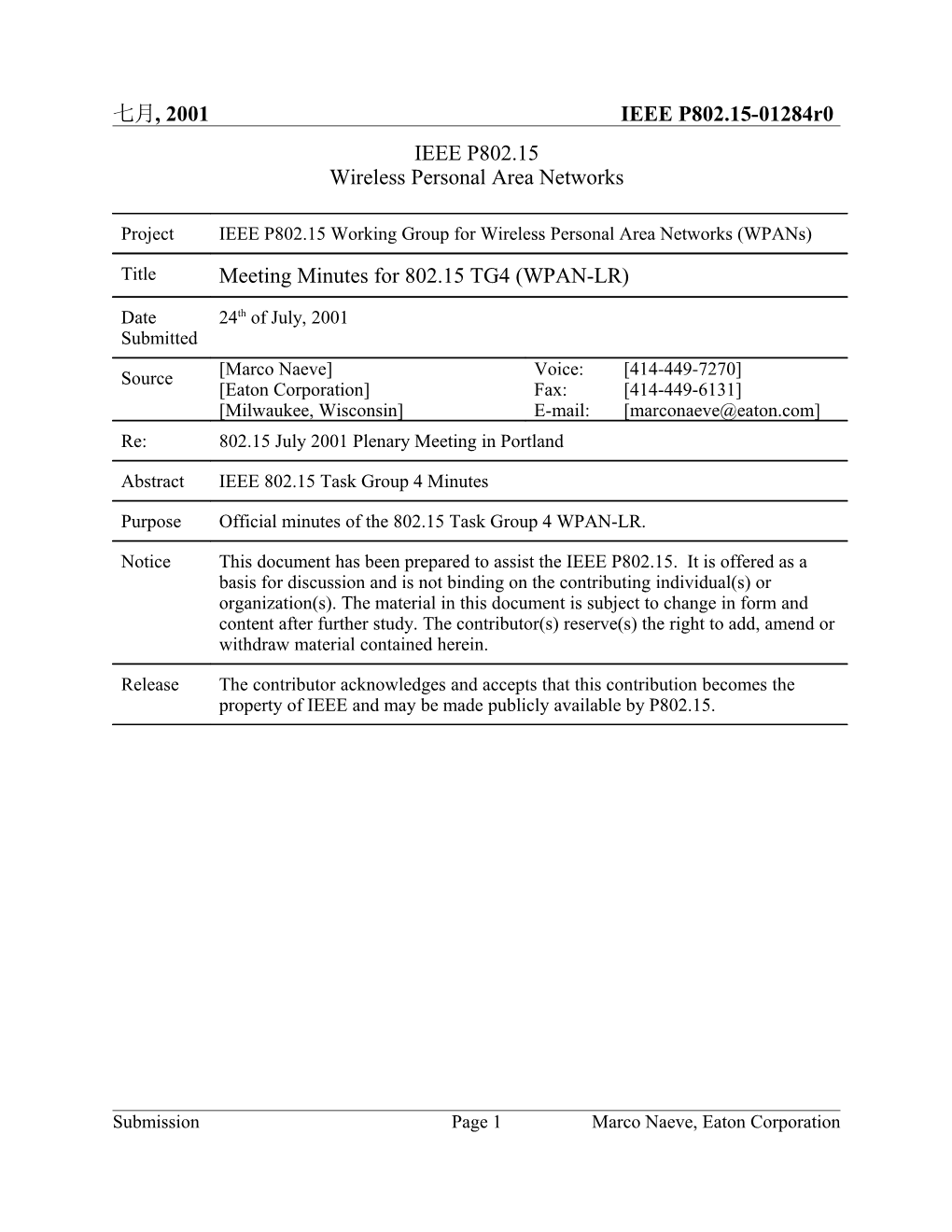 Meeting Minutes for 802.15 TG4