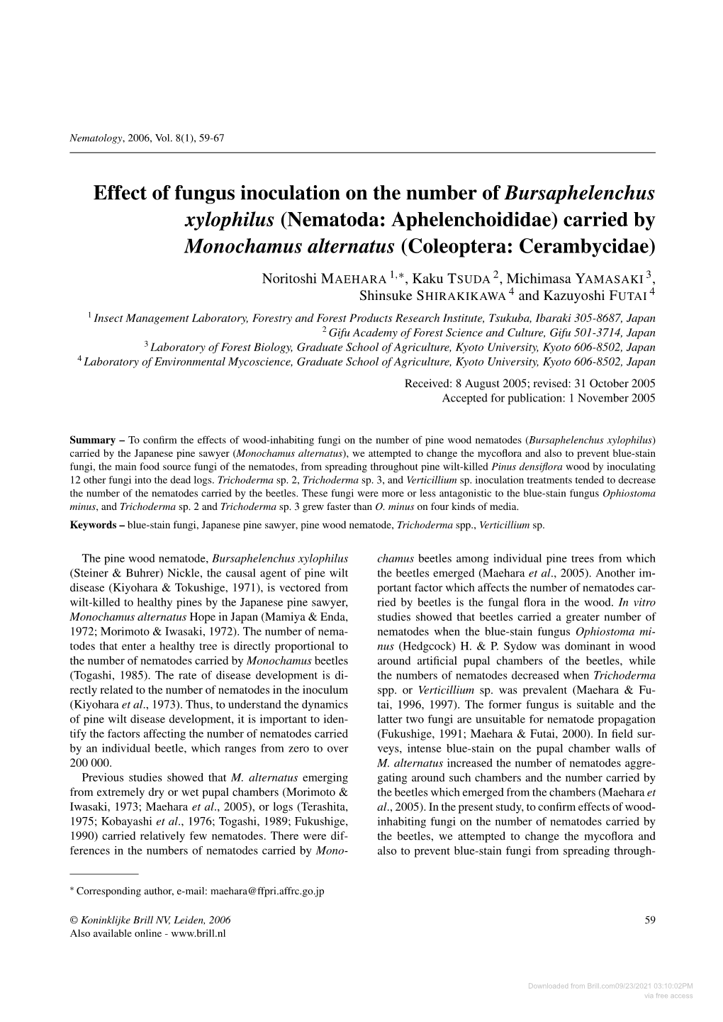 Effect of Fungus Inoculation on the Number of &lt;I&gt;Bursaphelenchus