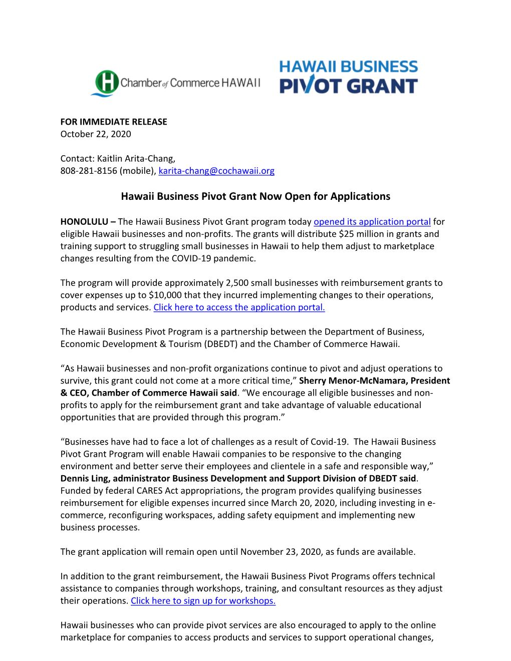 Hawaii Business Pivot Grant Now Open for Applications