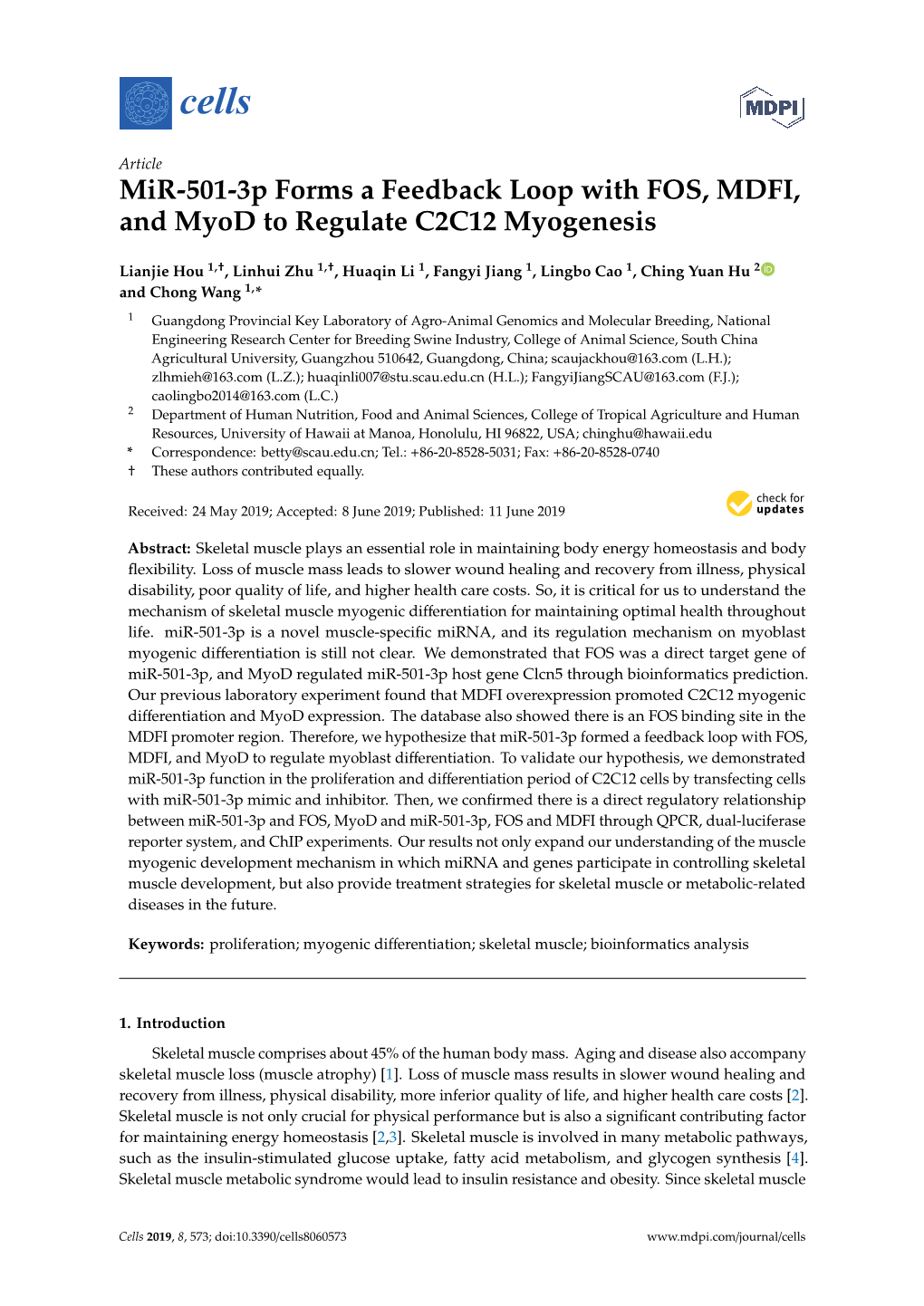 Mir-501-3P Forms a Feedback Loop with FOS, MDFI, and Myod to Regulate C2C12 Myogenesis