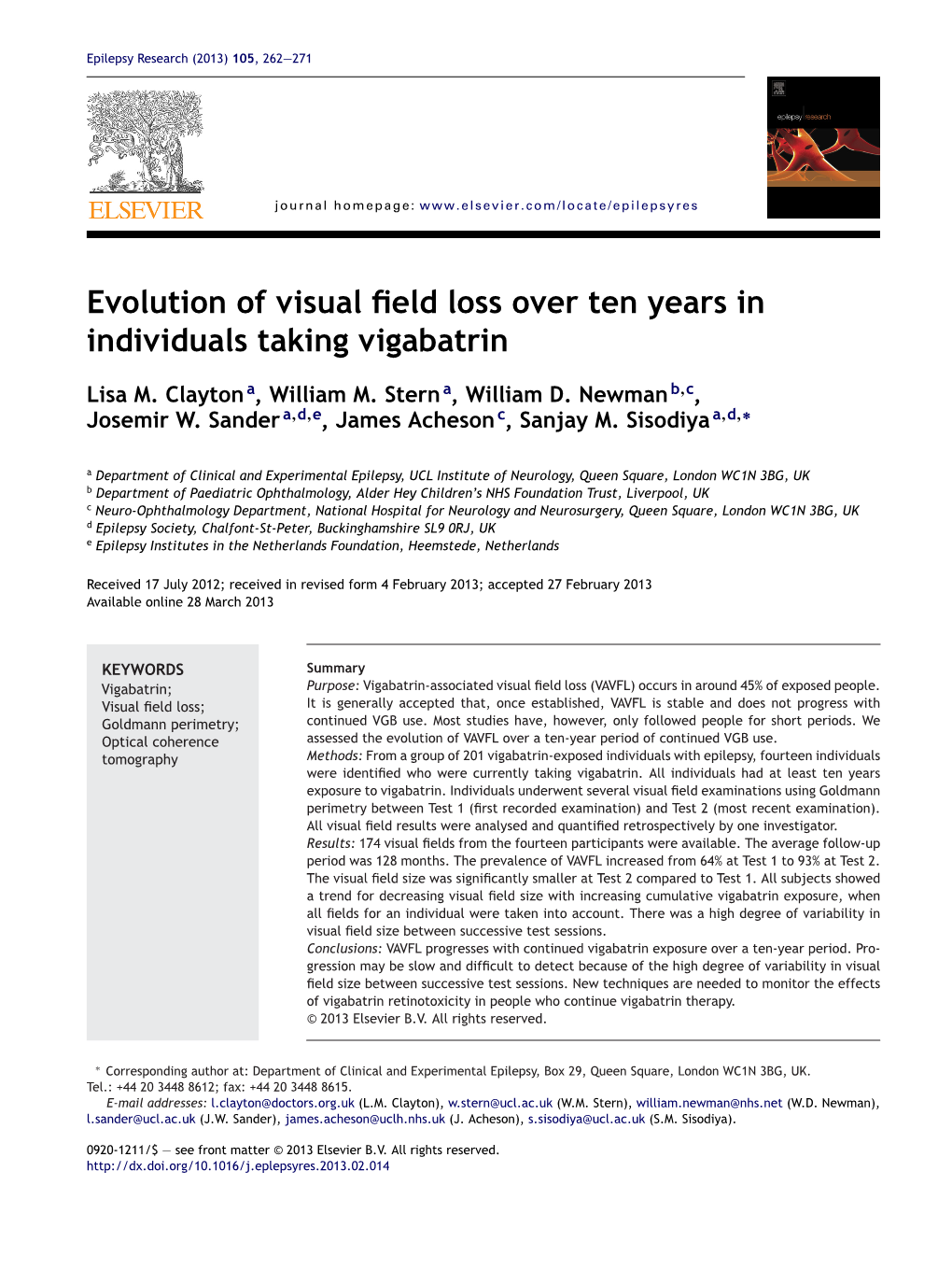 Evolution of Visual Field Loss Over Ten Years in Individuals Taking Vigabatrin