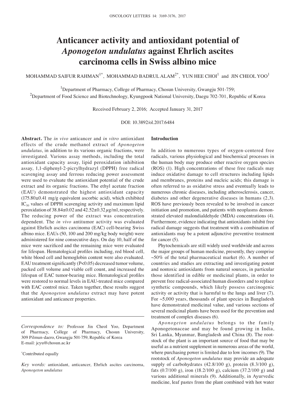 Anticancer Activity and Antioxidant Potential of Aponogeton Undulatus Against Ehrlich Ascites Carcinoma Cells in Swiss Albino Mice