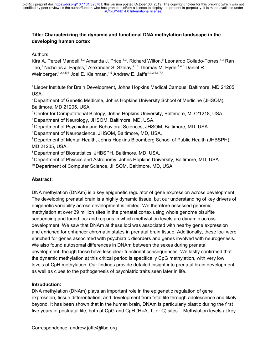 Characterizing the Dynamic and Functional DNA Methylation Landscape in the Developing Human Cortex