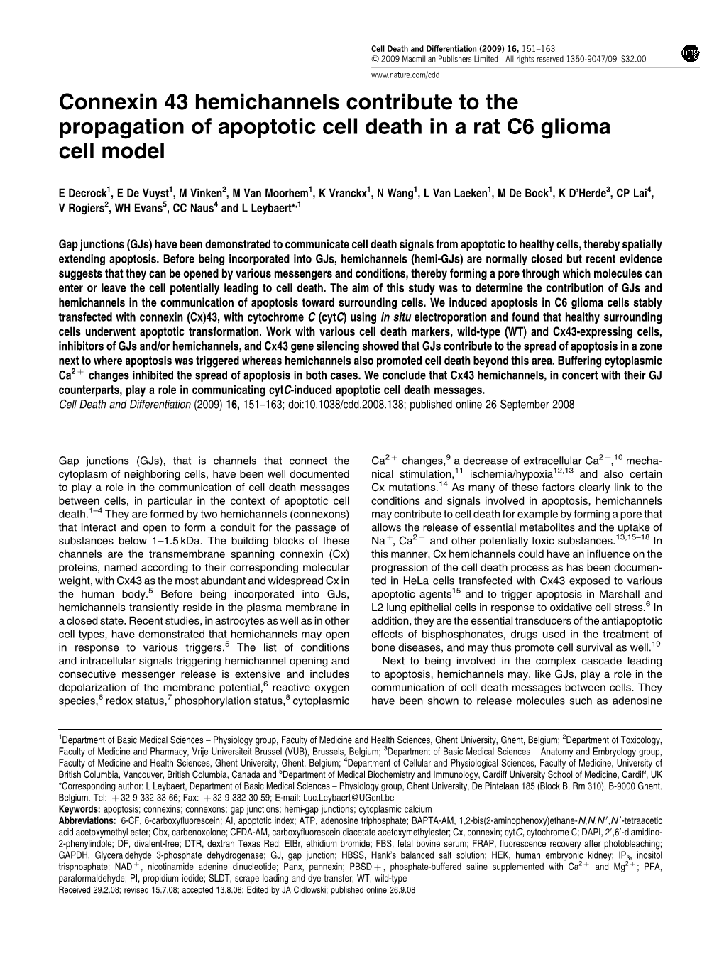 Connexin 43 Hemichannels Contribute to the Propagation of Apoptotic Cell Death in a Rat C6 Glioma Cell Model