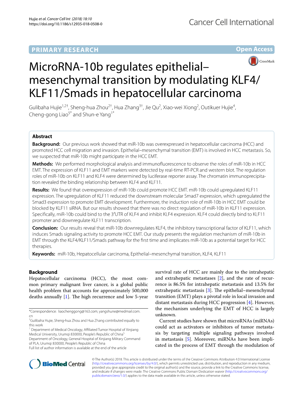 Microrna-10B Regulates Epithelial–Mesenchymal Transition by 11