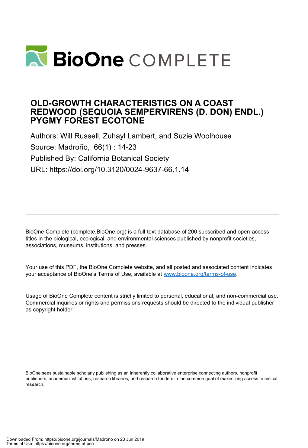 Old-Growth Characteristics on a Coast Redwood (Sequoia Sempervirens (D