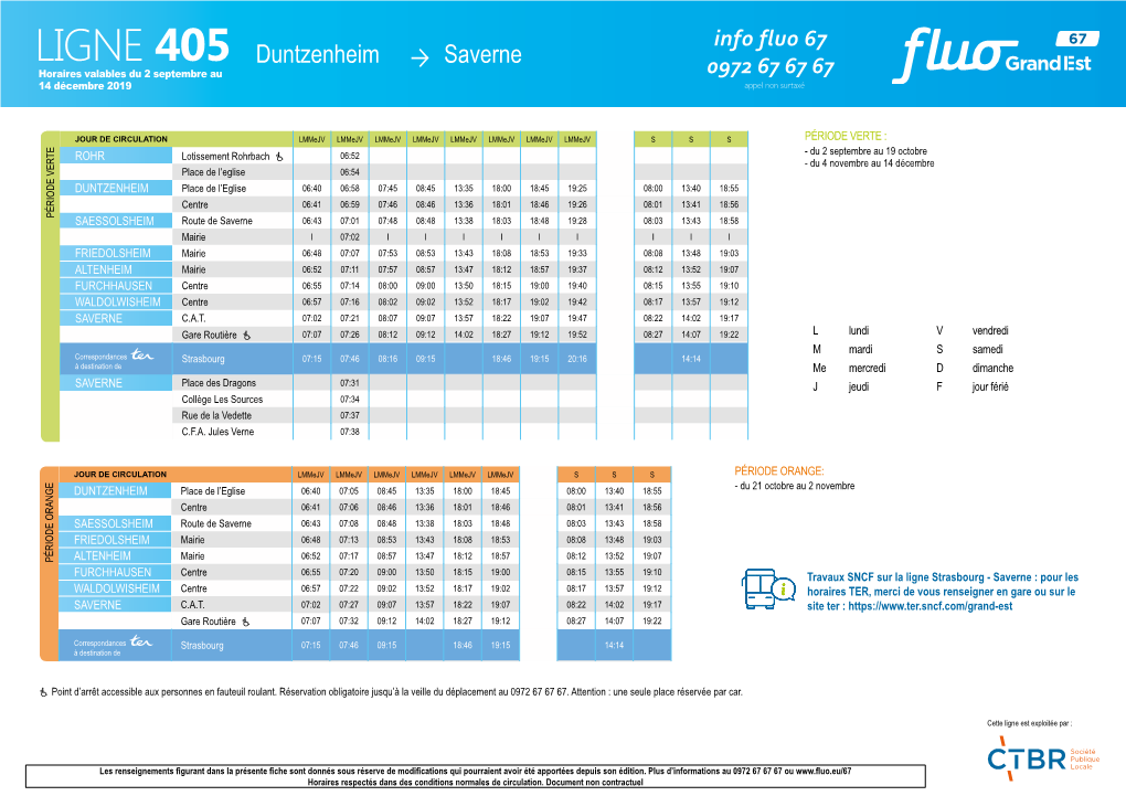 LIGNE 405 Duntzenheim Saverne Horaires Valables Du 2 Septembre Au 0972 67 67 67 14 Décembre 2019 Appel Non Surtaxé