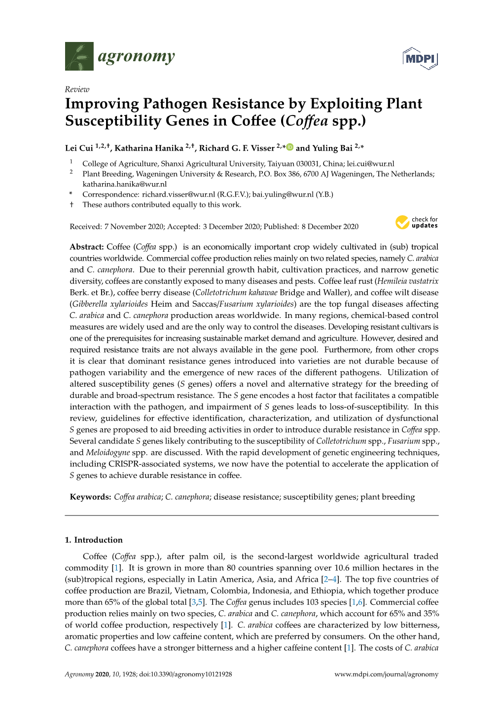 Improving Pathogen Resistance by Exploiting Plant Susceptibility Genes in Coffee (Coffea Spp.)