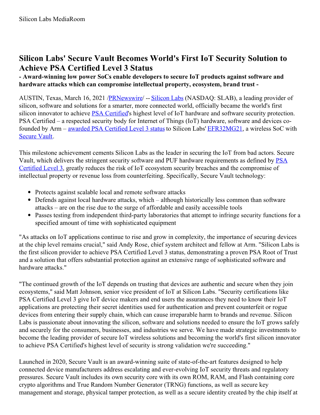 Silicon Labs' Secure Vault Becomes World's First Iot Security Solution To