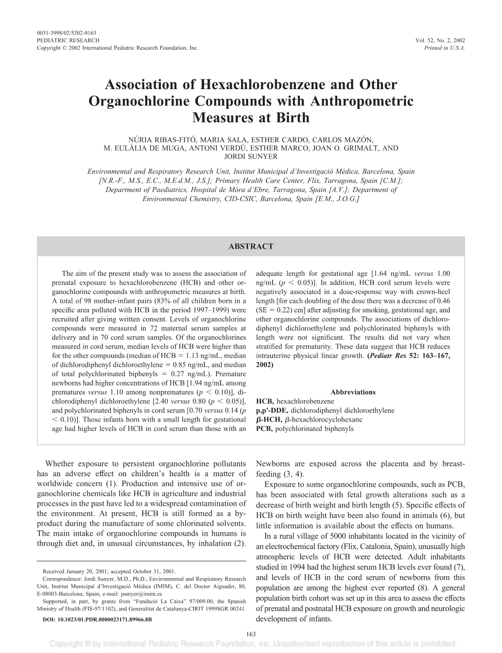 Association of Hexachlorobenzene and Other Organochlorine Compounds with Anthropometric Measures at Birth