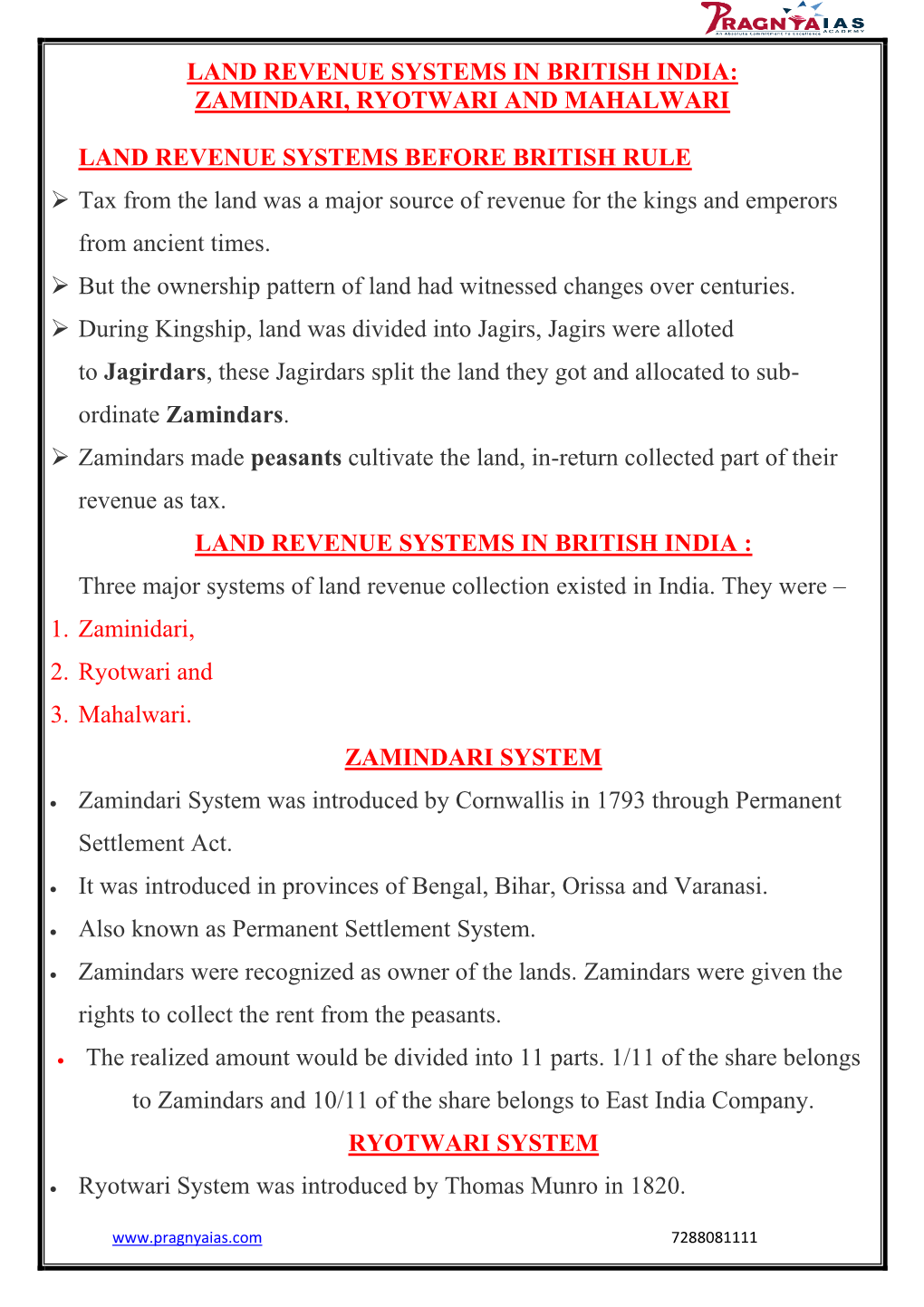 Zamindari, Ryotwari and Mahalwari Land Revenue Systems Before British Rule
