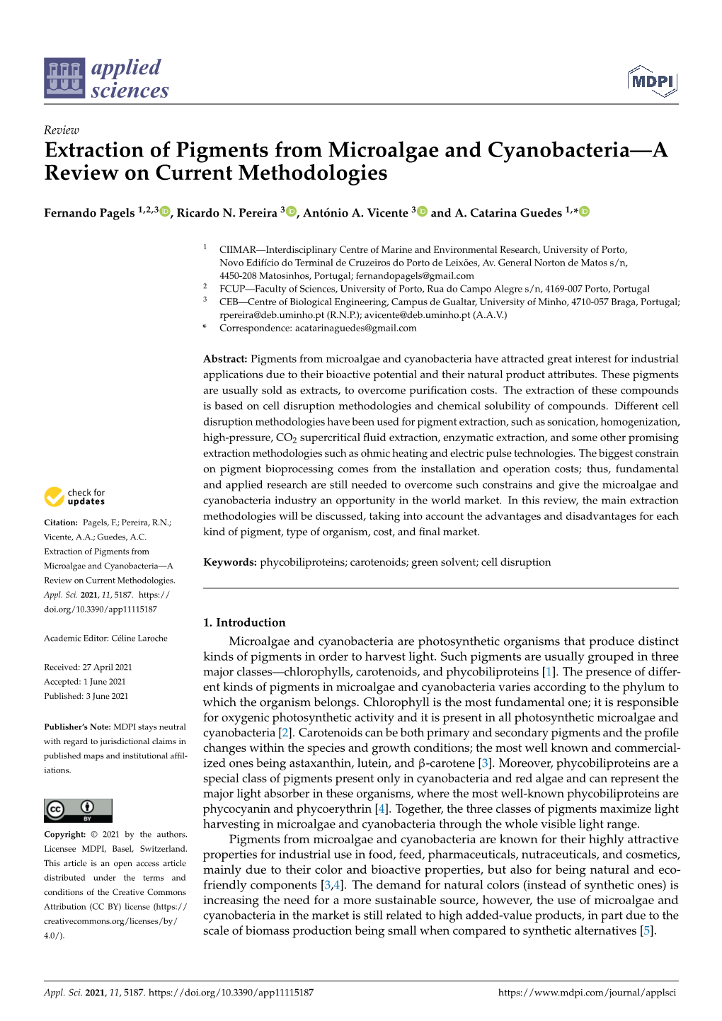 Extraction of Pigments from Microalgae and Cyanobacteria—A Review on Current Methodologies