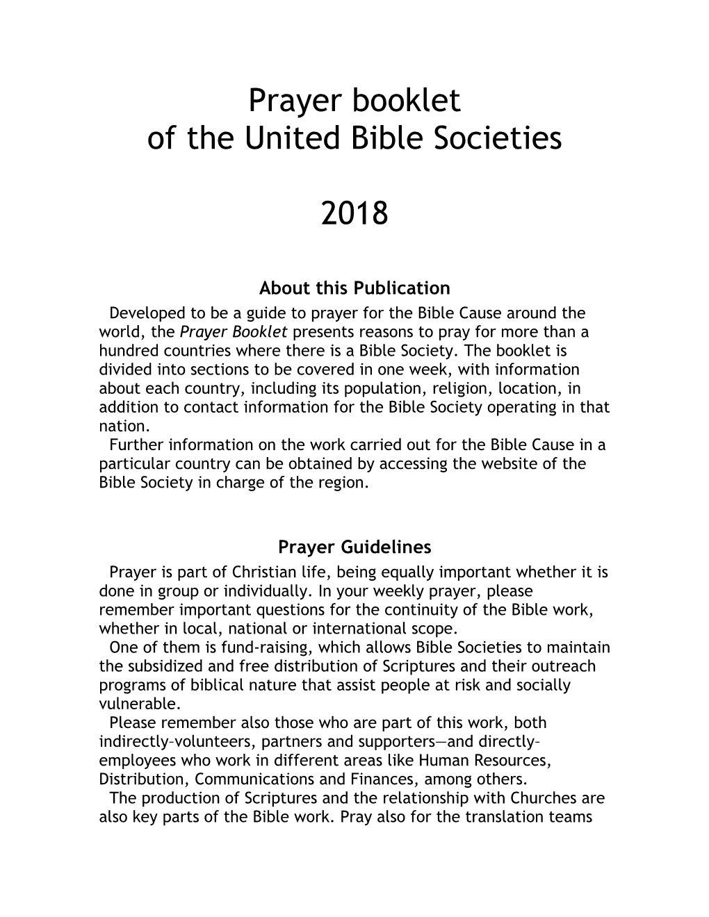 Prayer Booklet of the United Bible Societies 2018