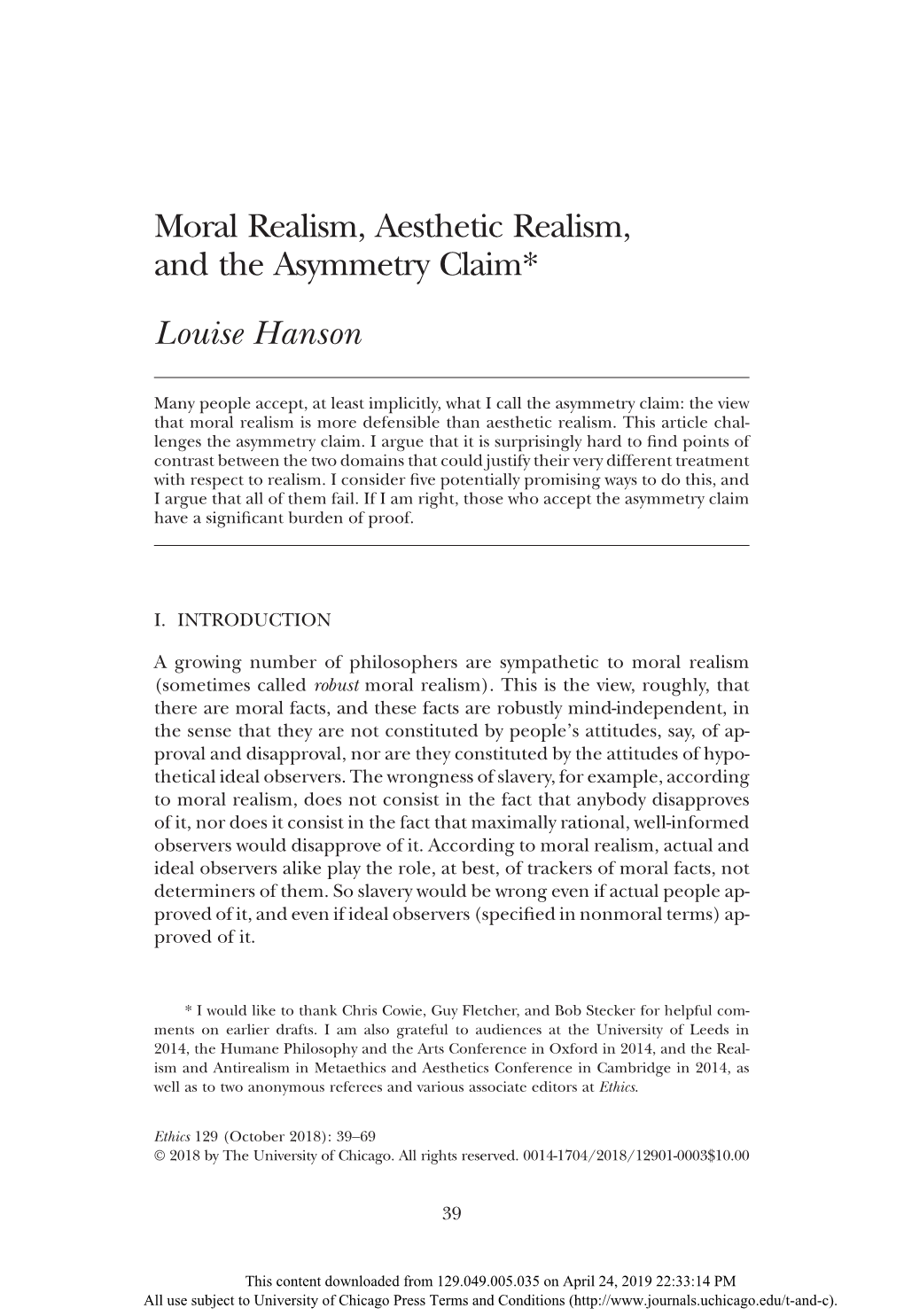 Moral Realism, Aesthetic Realism, and the Asymmetry Claim* Louise Hanson