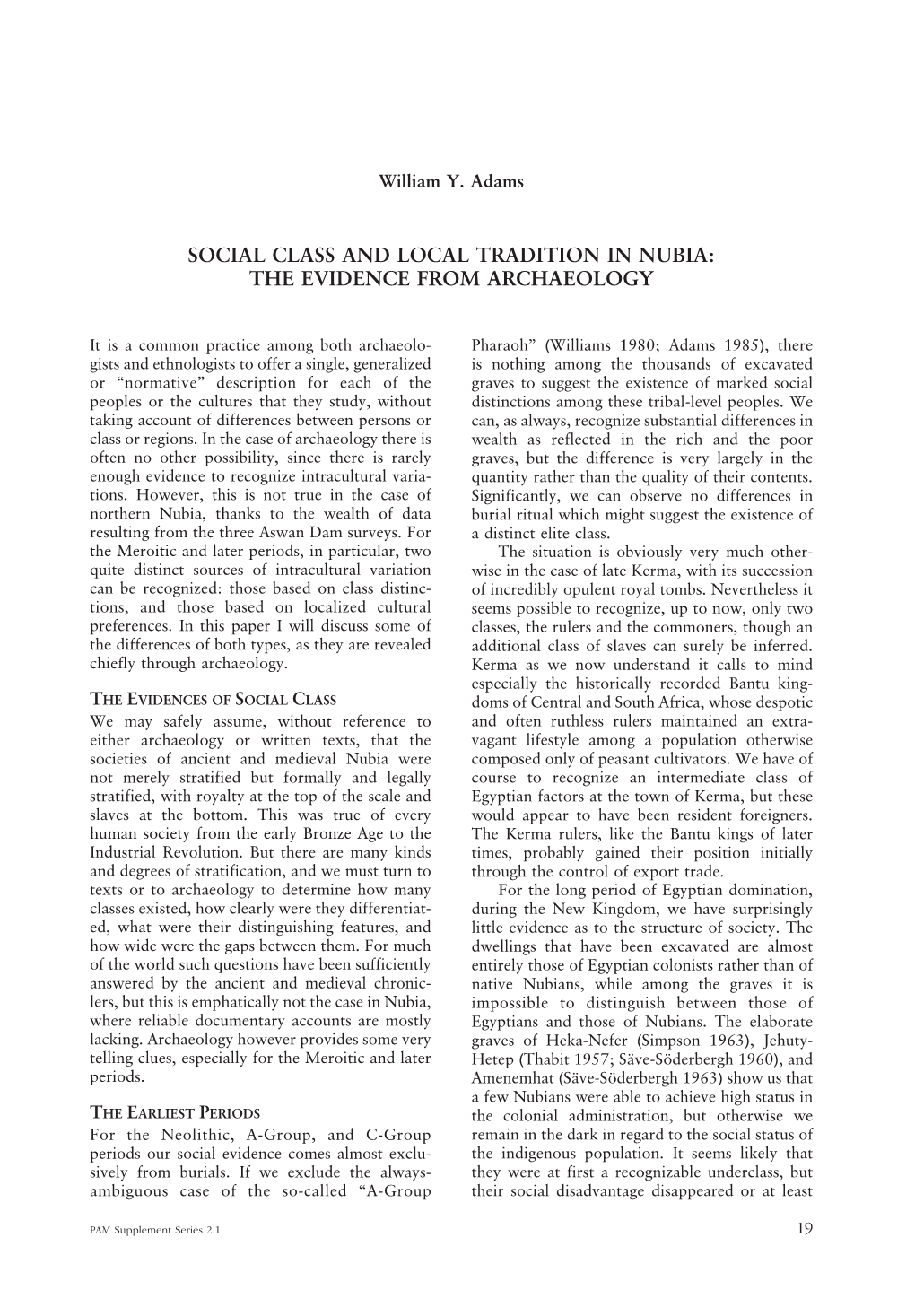 Social Class and Local Tradition in Nubia: the Evidence from Archaeology