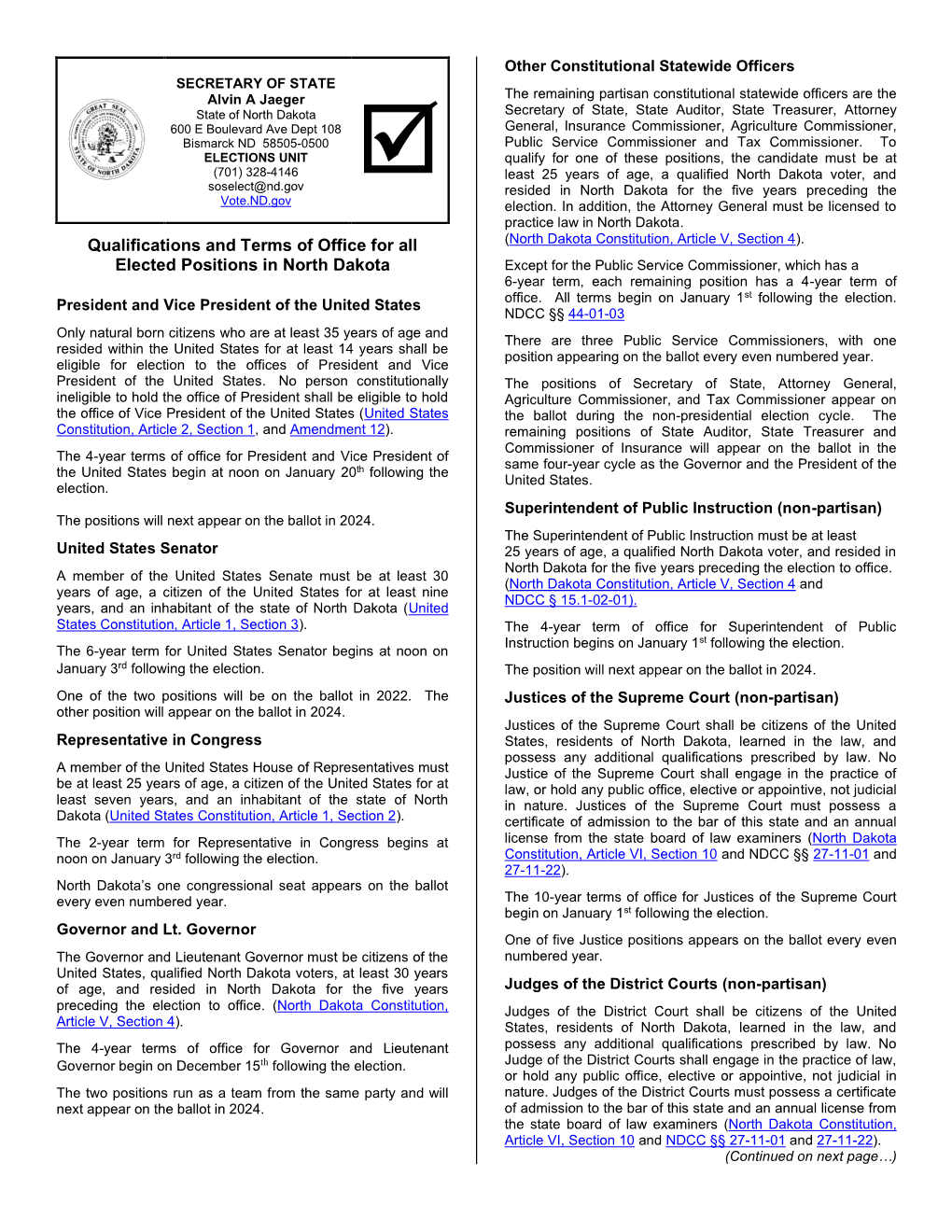 Qualifications and Terms of Office for All Elected Positions in North Dakota