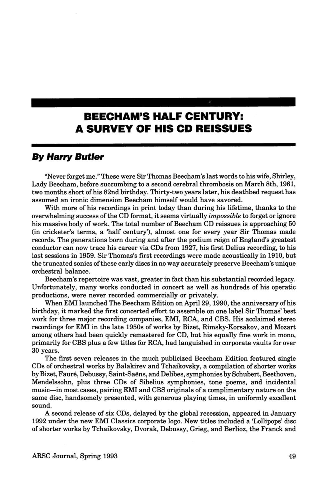 Beecham's Half Century: a Survey of His Cd Reissues