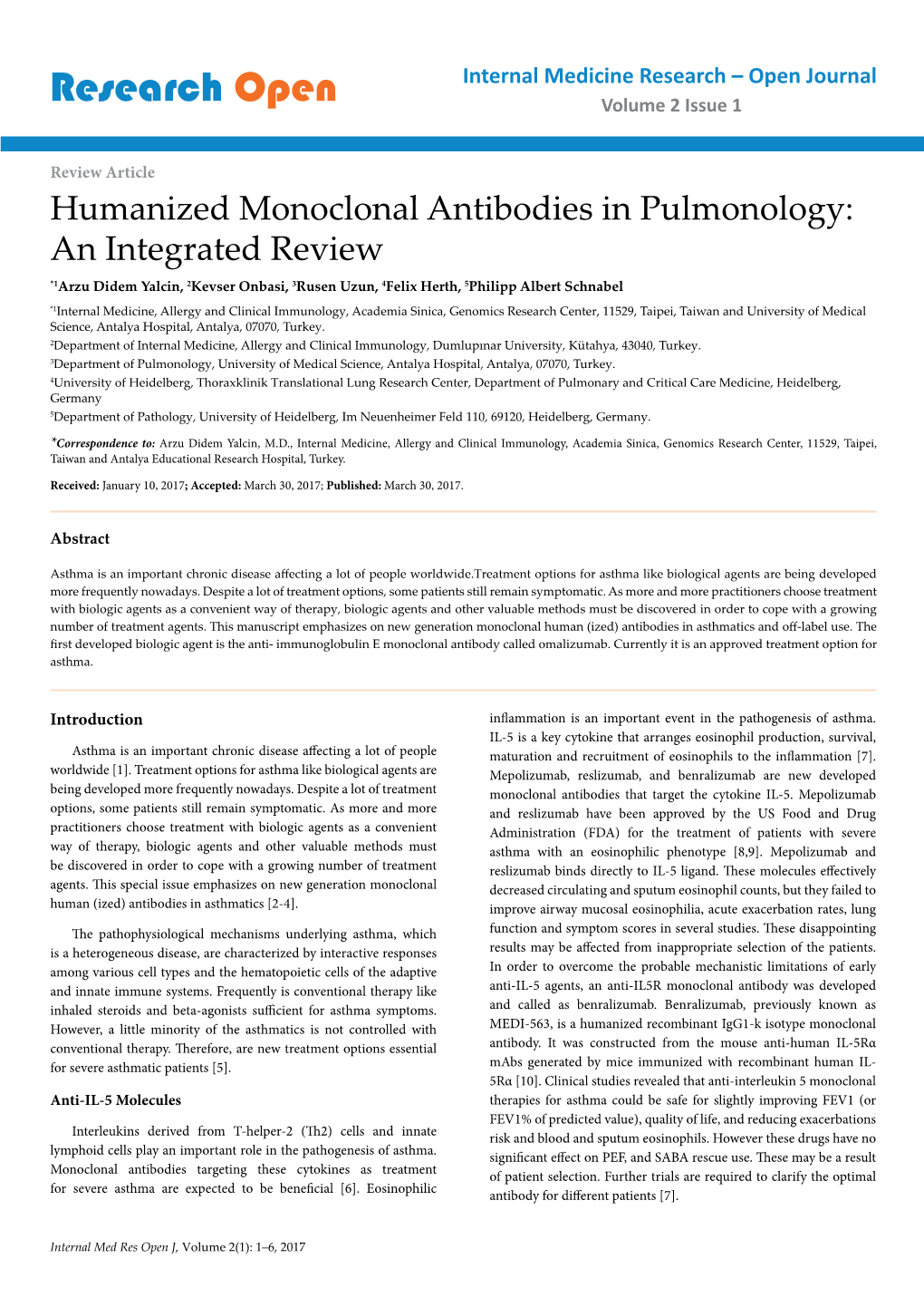 View Article Humanized Monoclonal Antibodies in Pulmonology
