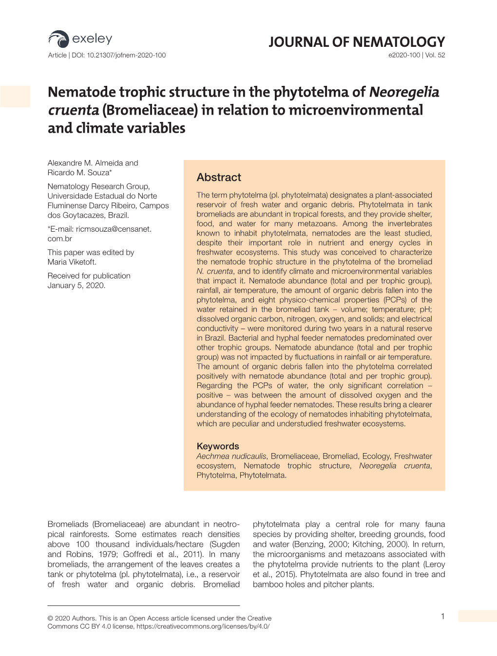Nematode Trophic Structure in the Phytotelma of Neoregelia Cruenta (Bromeliaceae) in Relation to Microenvironmental and Climate Variables