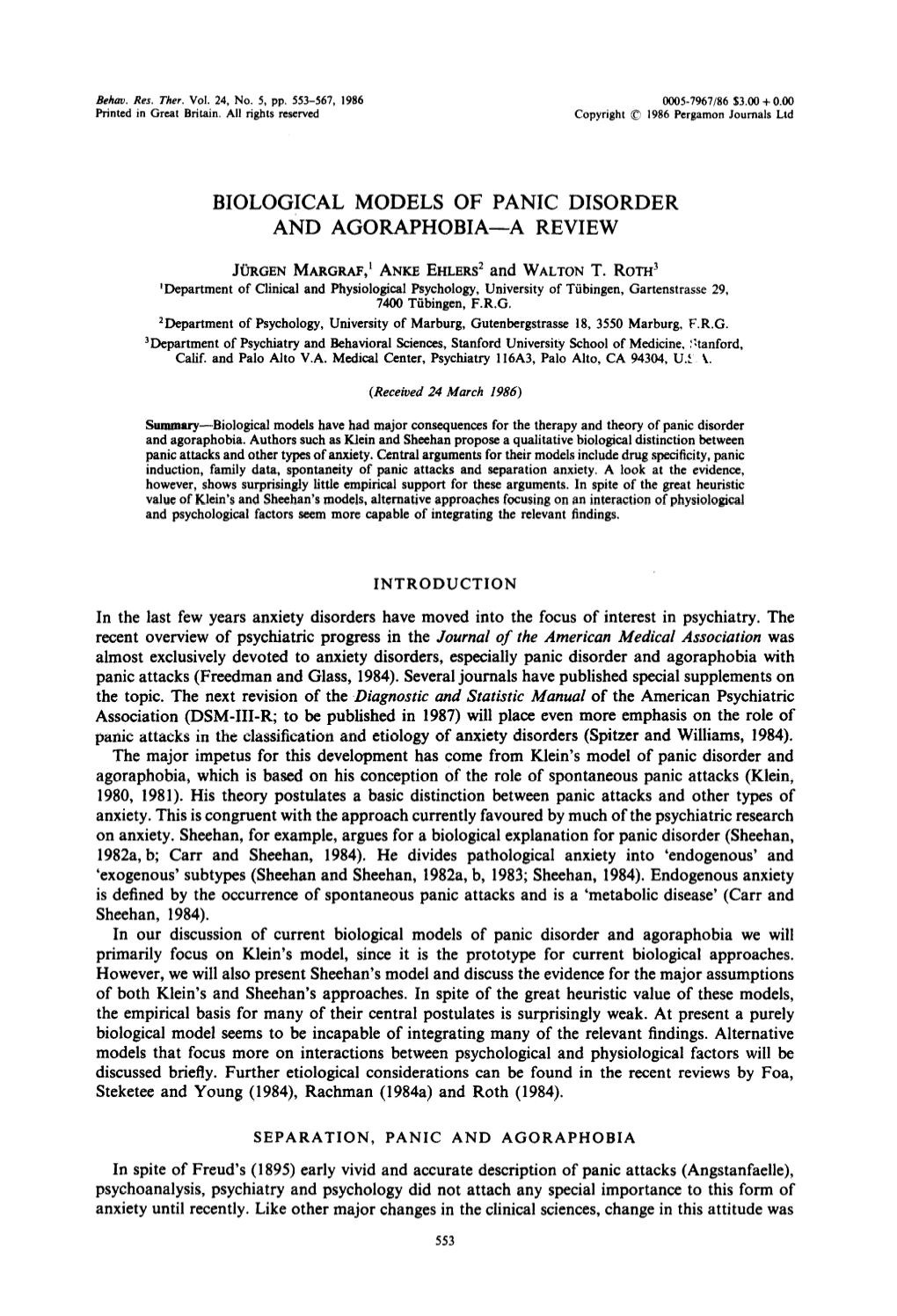 BIOLOGICAL MODELS of PANIC DISORDER Atid AGORAPHOBIA-A REVIEW