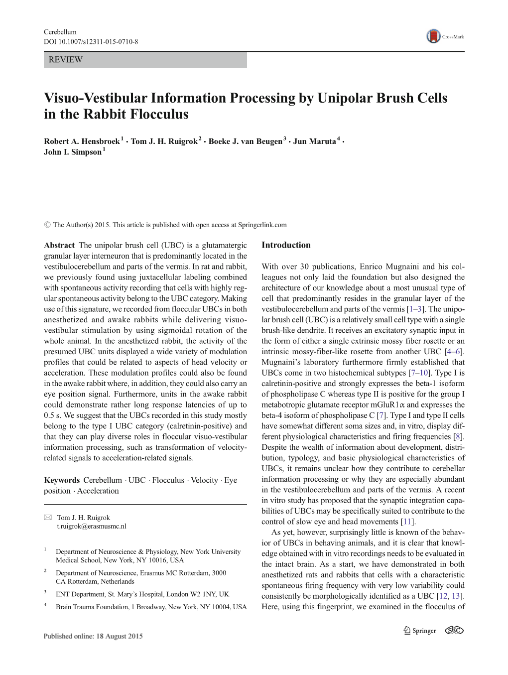 Visuo-Vestibular Information Processing by Unipolar Brush Cells in the Rabbit Flocculus