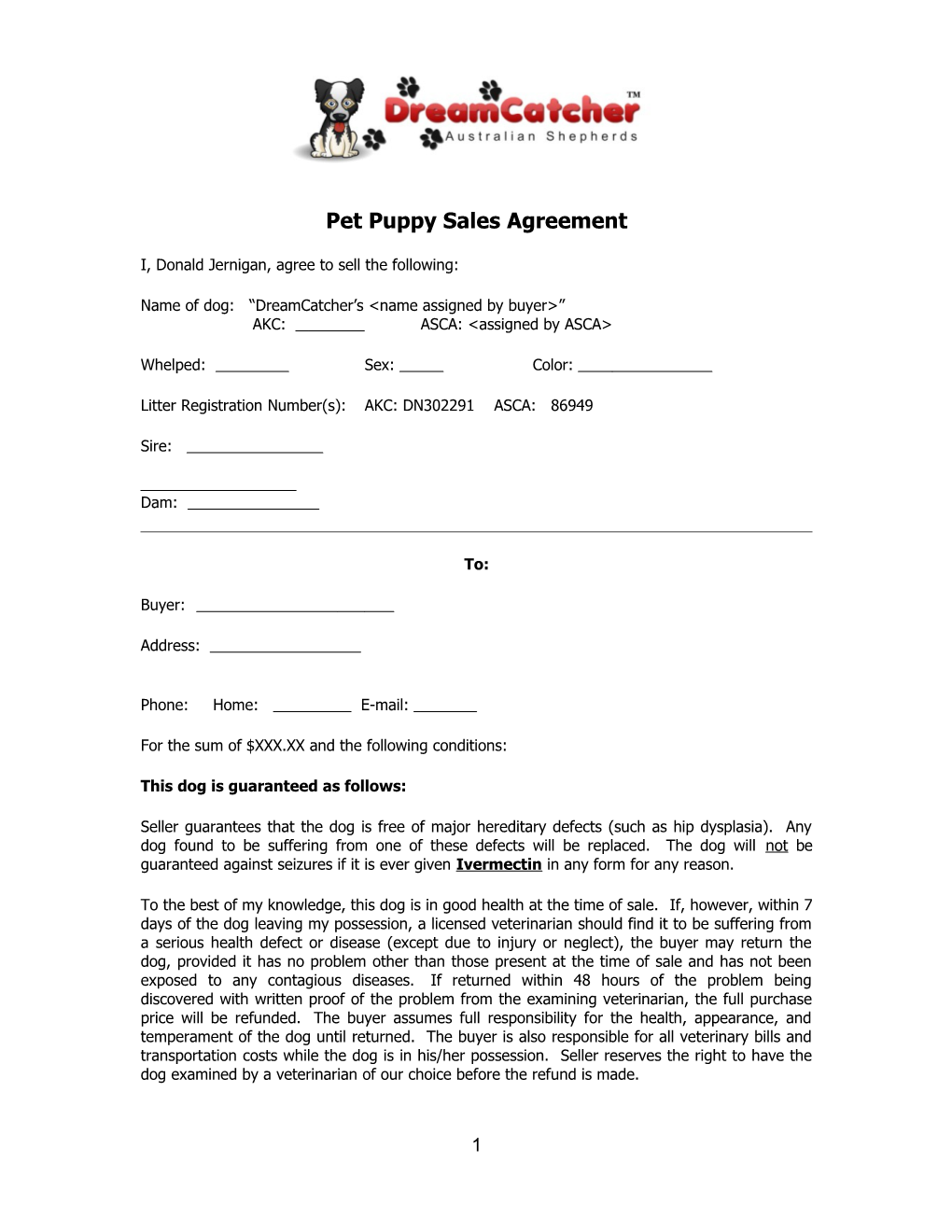 Pet Puppy Sales Agreement