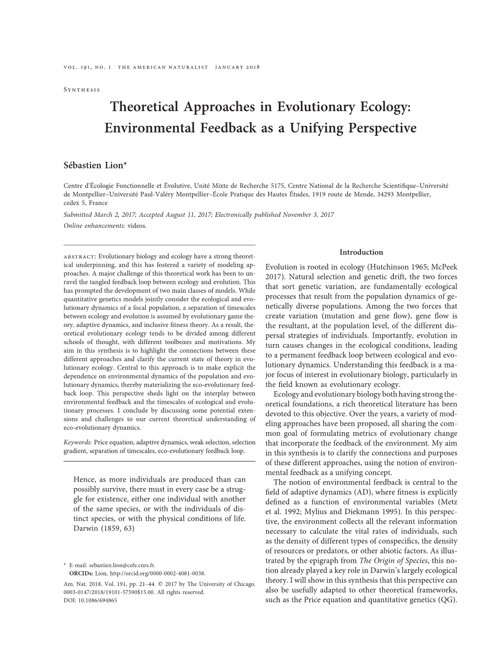 Theoretical Approaches in Evolutionary Ecology: Environmental Feedback As a Unifying Perspective