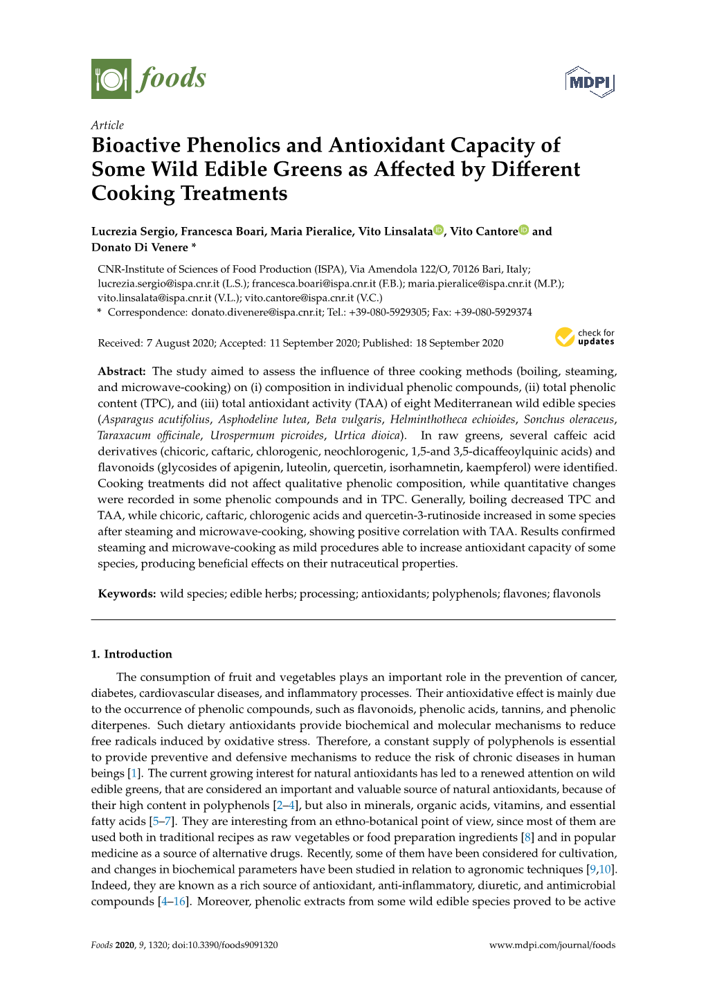 Bioactive Phenolics and Antioxidant Capacity of Some Wild Edible Greens As Aﬀected by Diﬀerent Cooking Treatments