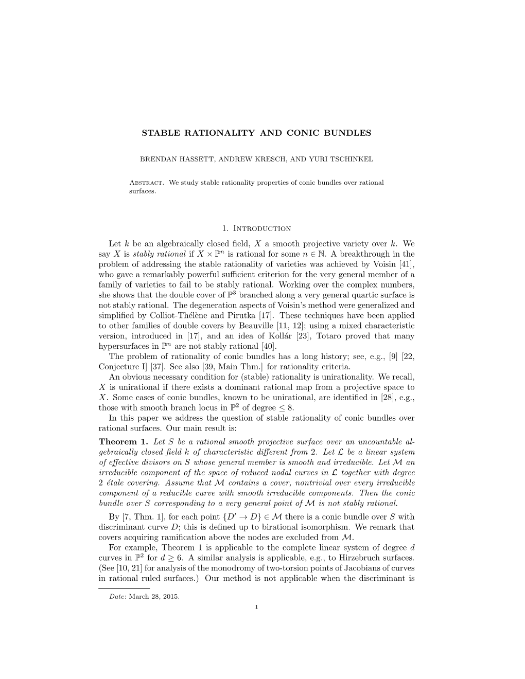 STABLE RATIONALITY and CONIC BUNDLES 1. Introduction Let K Be