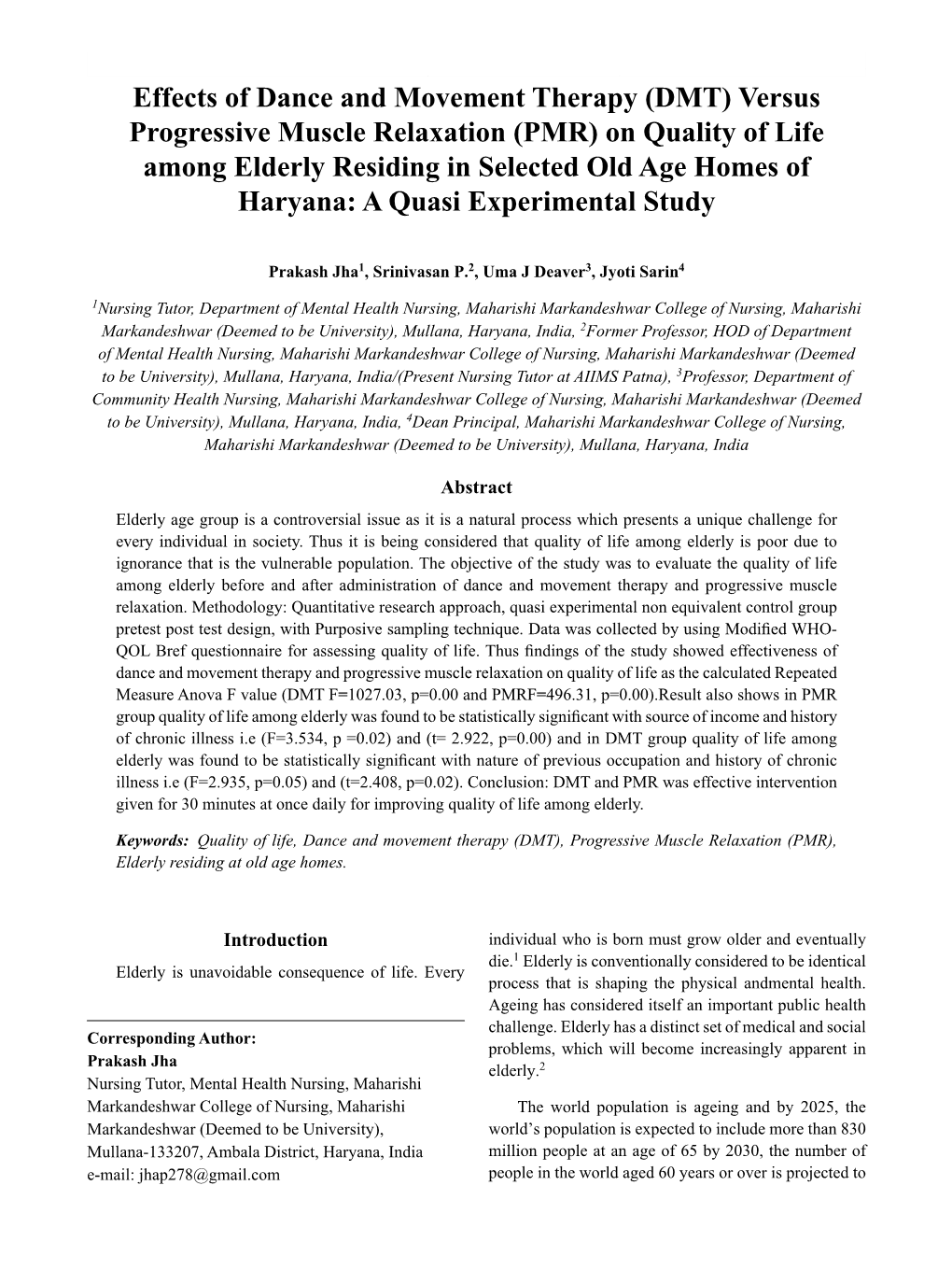 Versus Progressive Muscle Relaxation (PMR) on Quality of Life Among Elderly Residing in Selected Old Age Homes of Haryana: a Quasi Experimental Study