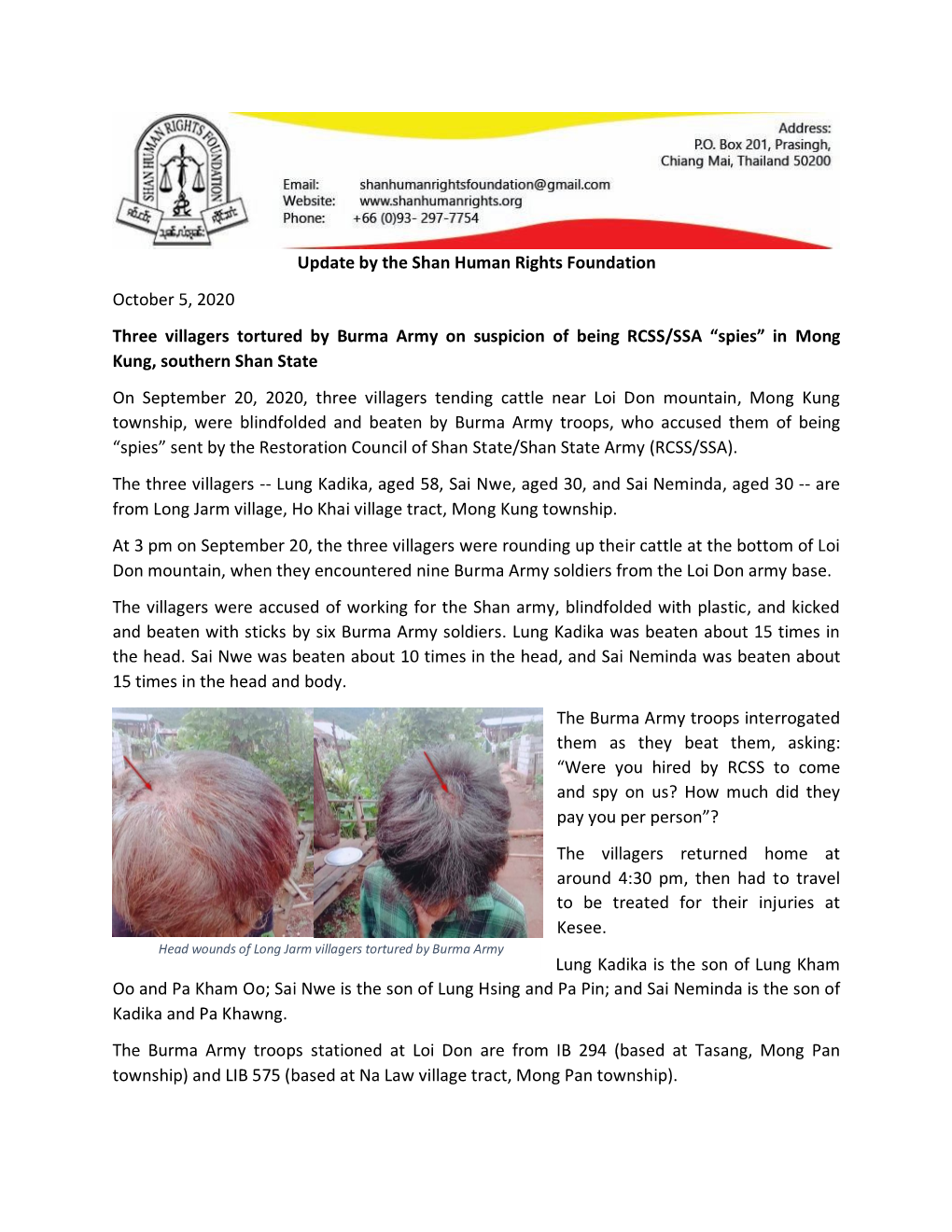 Update by the Shan Human Rights Foundation October 5, 2020 Three