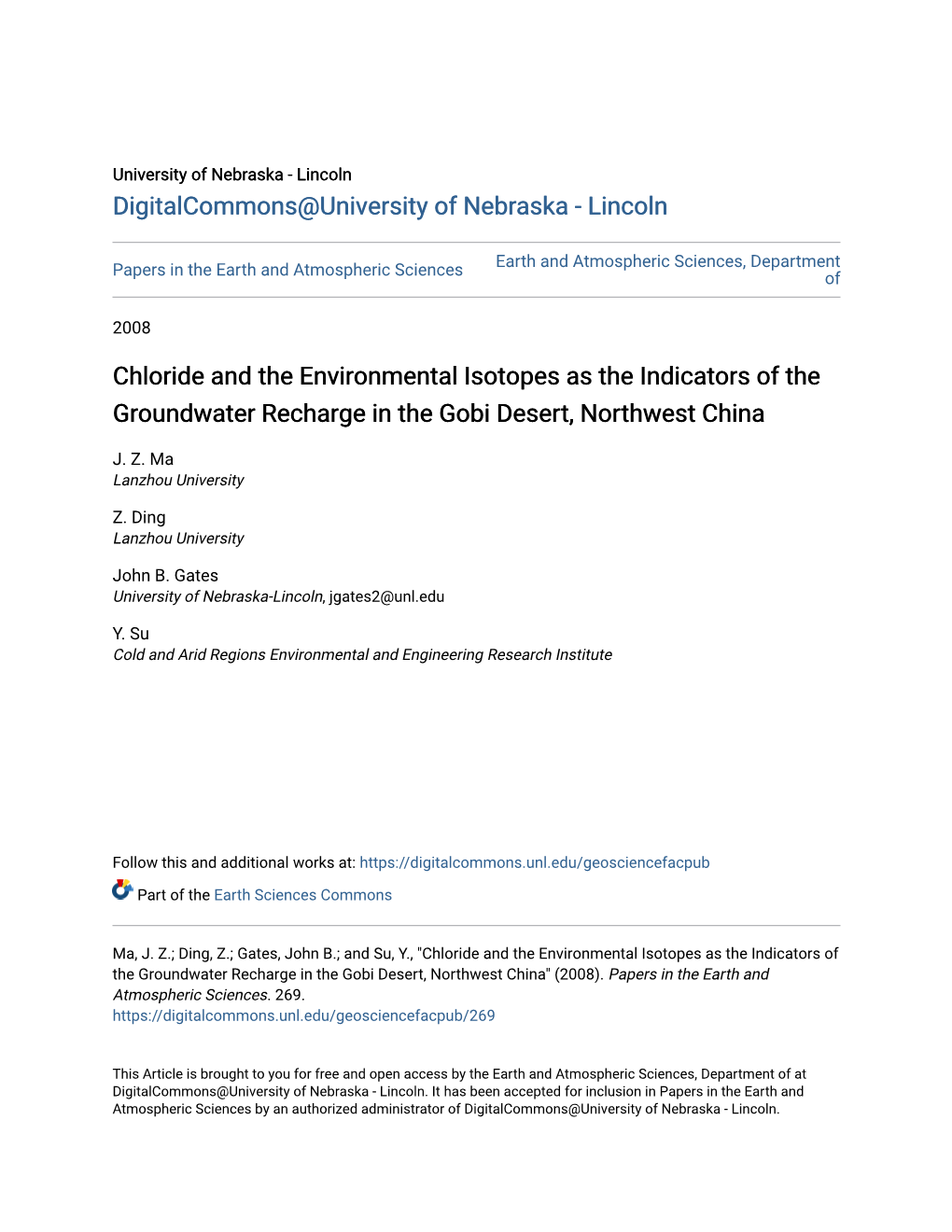 Chloride and the Environmental Isotopes As the Indicators of the Groundwater Recharge in the Gobi Desert, Northwest China