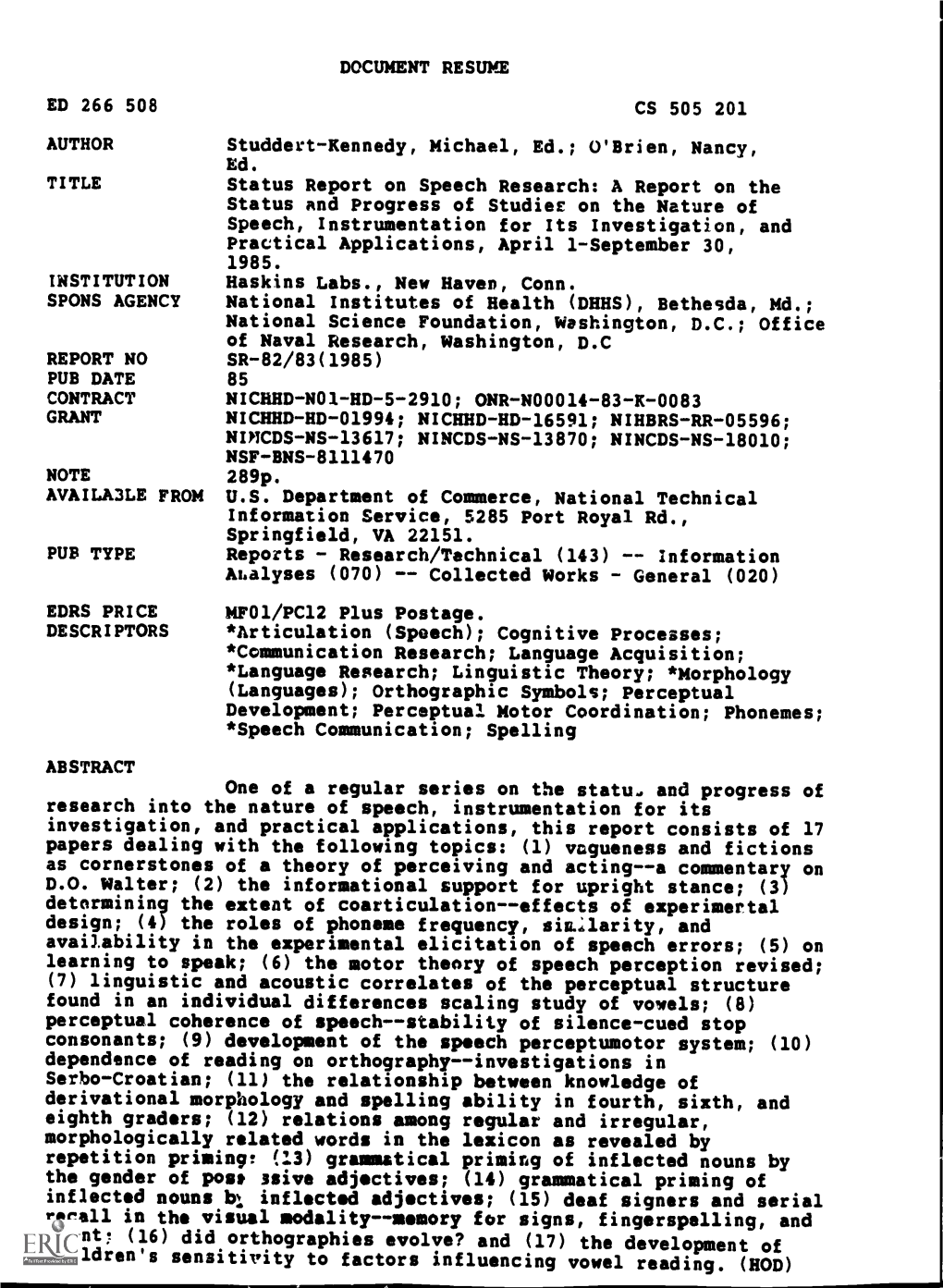 O'brien, Nancy, Status Report on Speech Research