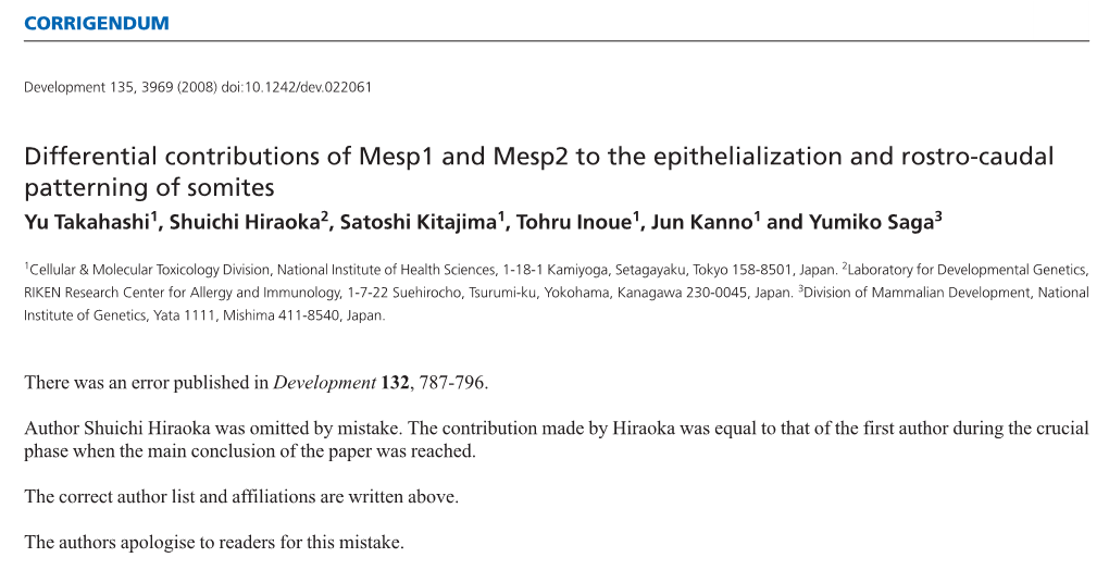 Differential Contributions of Mesp1 and Mesp2 to the Epithelialization And