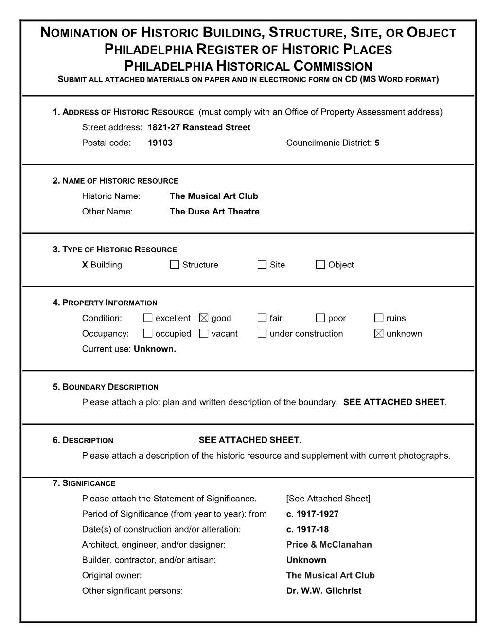 Nomination of Historic Building, Structure, Site, Or Object