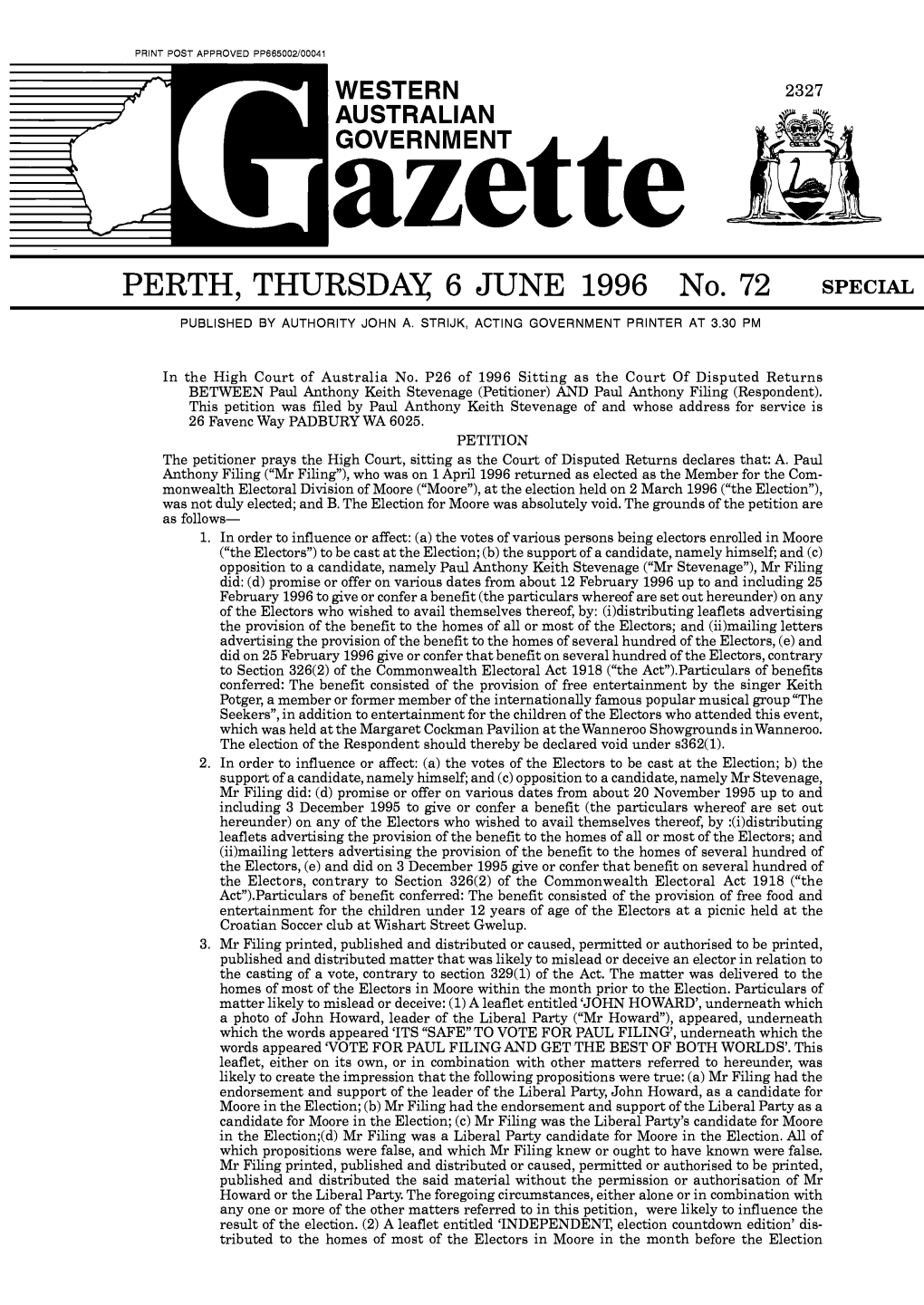 PERTH, THURSDAY 6 JUNE 1996 No. 72 SPECIAL