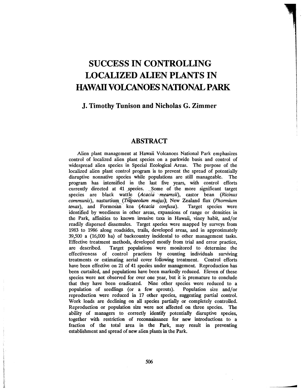 Success in Controlling Localized Alien Plants in Hawaii Vokanoes National Park