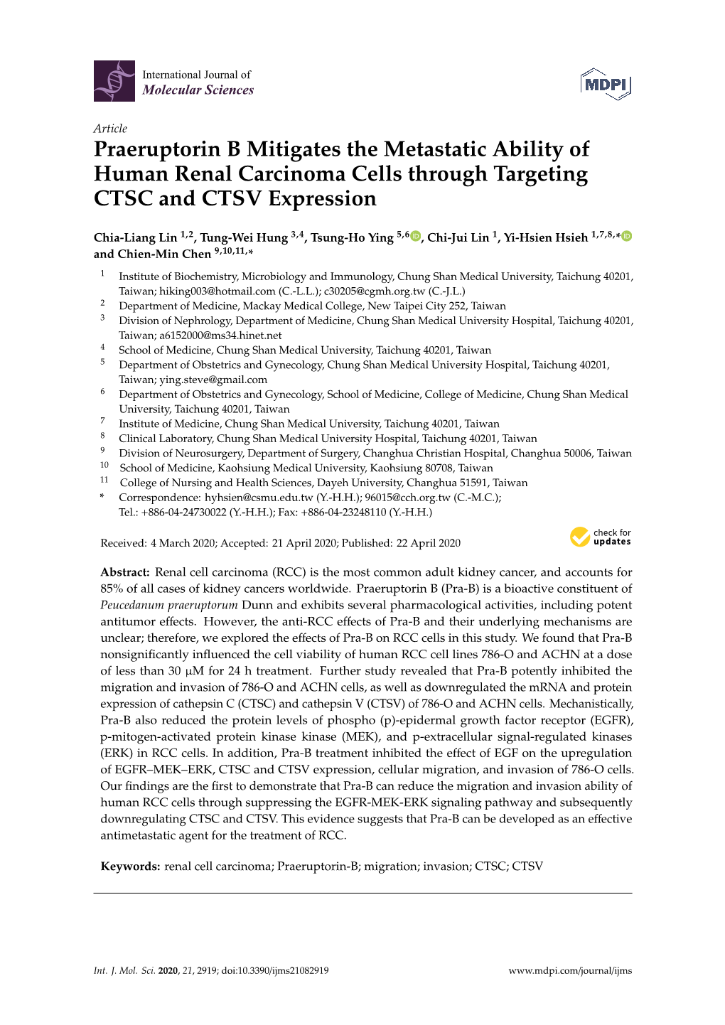 Praeruptorin B Mitigates the Metastatic Ability of Human Renal Carcinoma Cells Through Targeting CTSC and CTSV Expression