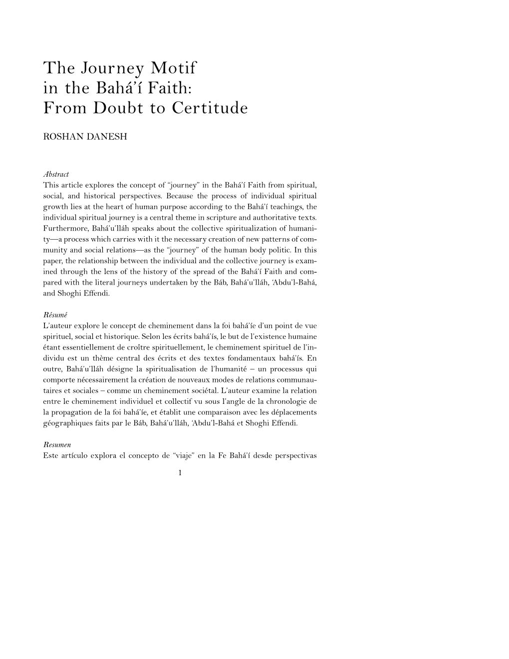 The Journey Motif in the Bahá'í Faith: from Doubt to Certitude