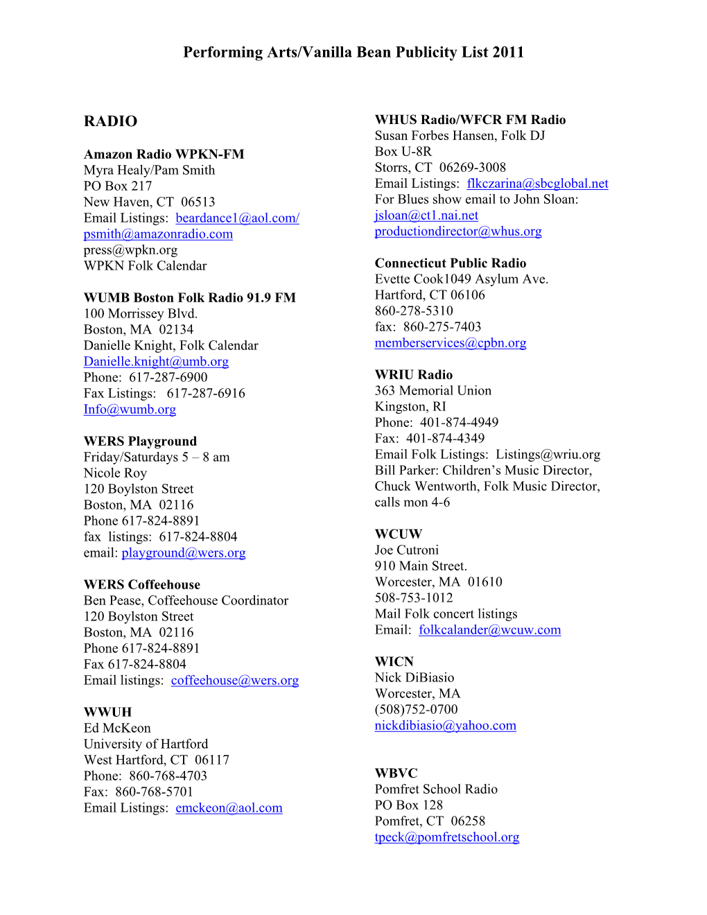 Performing Arts/Vanilla Bean Publicity List 2011 RADIO