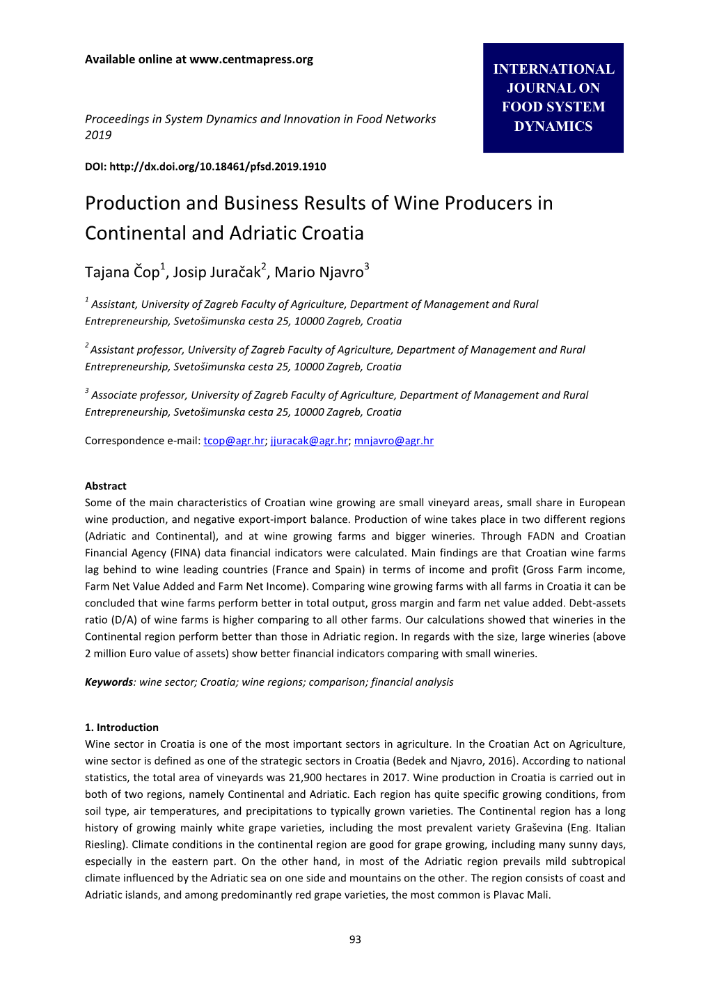 Production and Business Results of Wine Producers in Continental and Adriatic Croatia