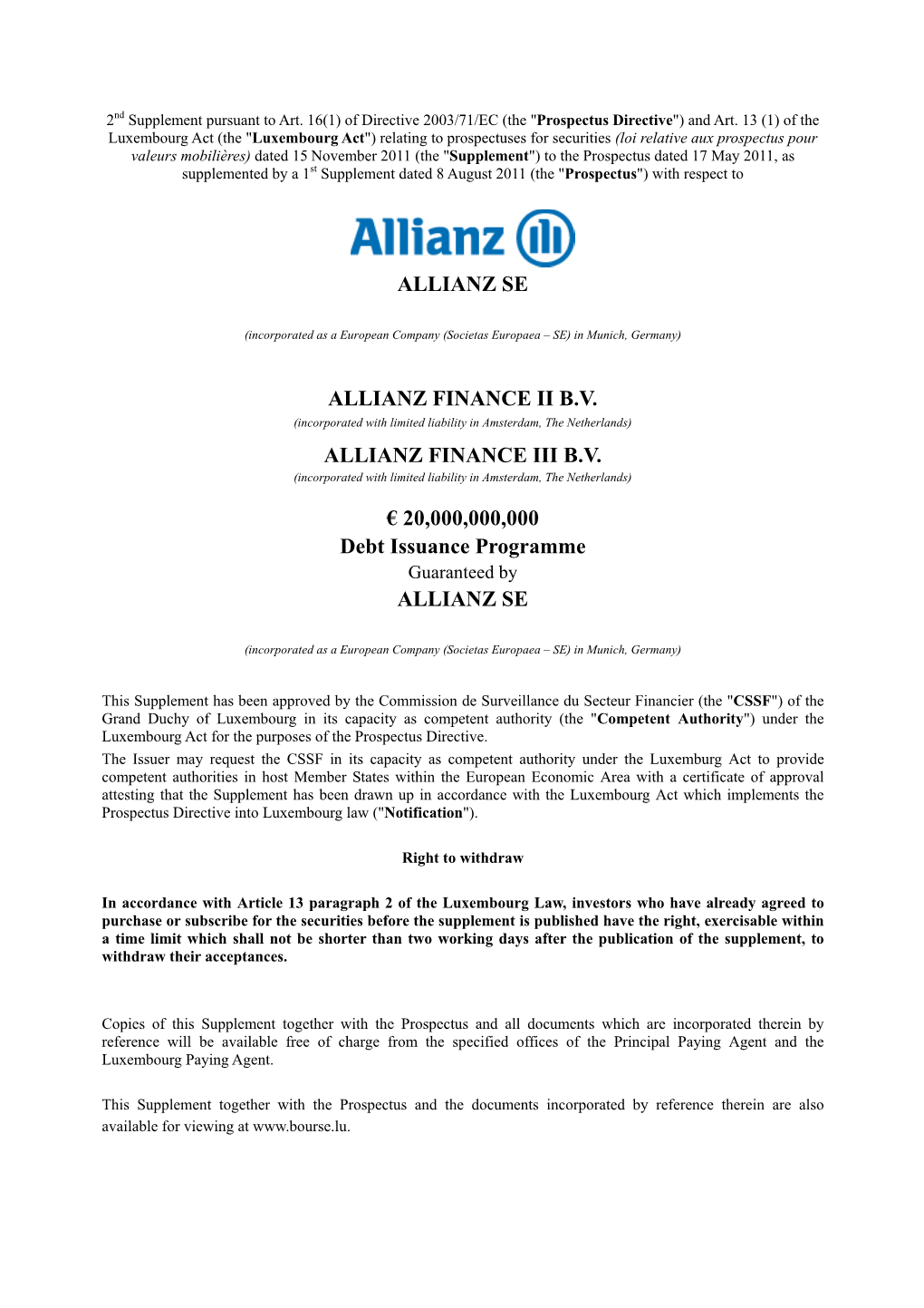 Allianz Se Allianz Finance Ii B.V. Allianz