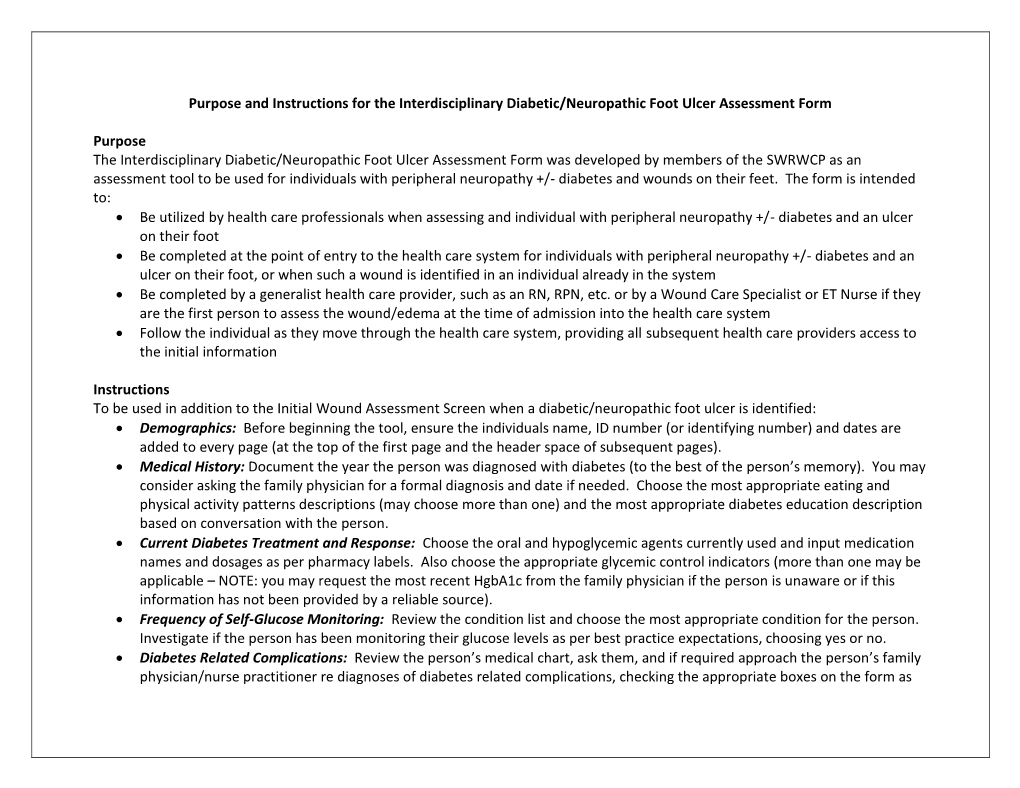 Purpose and Instructions for the Interdisciplinary Diabetic/Neuropathic Foot Ulcer Assessment Form