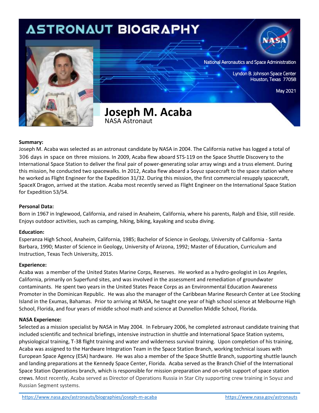 Joseph M. Acaba NASA Astronaut